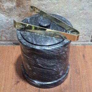 Vintage Dark Grey Heavy Marble Ice Bucket Matching Lid Pair Gold Toned Metal To